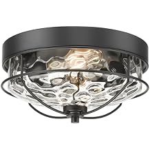 Black Flush Mount Ceiling Light, HWH 12 inch 2-Light Farmhouse Close to Ceiling Light Fixture in Matte Black Finish with Water Ripple Hammered Glass, Kitchen Bedroom Laundry Foyer, 5HTJ7WG-F BK