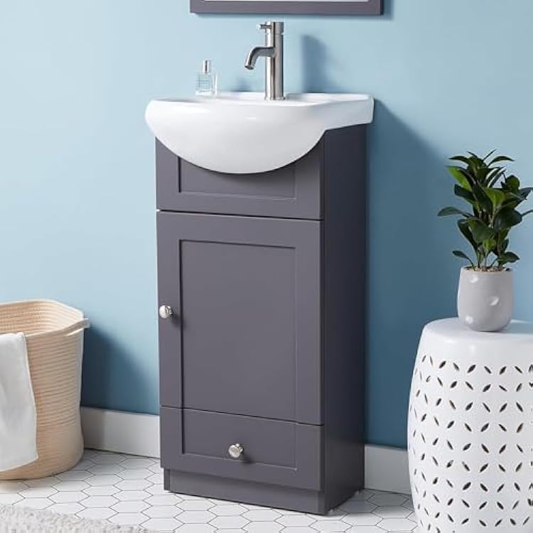 18 Inch Small Gray Bathroom Vanity with Ceramic Sink Combo, Narrow Freestanding Storage Cabinet for Tiny Spaces, Modern Bath Vanity with Soft Closing Door & Drawer