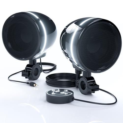 GoHawk Bluetooth Motorcycle Speakers with LED Ring, 4 Waterproof Motorcycle Stereo System, Built-in Amplifier Audio Music Player wUSB AUX for Harley ATV Scooter 4-Wheeler, AN4-Halo Black
