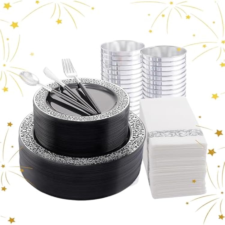 LIYH 350 Pcs Black and Silver Plastic Plates, Silver Plastic Dinnerware Set, Disposable Silverware, Black Plates with Napkins, Happy New Year Day Supplies for 50 Guests