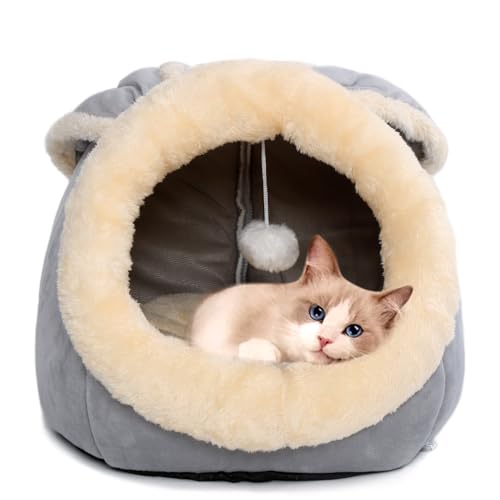 Cat Beds for Indoor Cats - Rabbit-Shaped Cat Cave Bed with Hanging Toy,Super Soft Calming Pet Bed for Kitten&Puppy,Small Dog,Warm Plush&Machine Washable&Removable Cotton Pad,cat HideawayGrey L