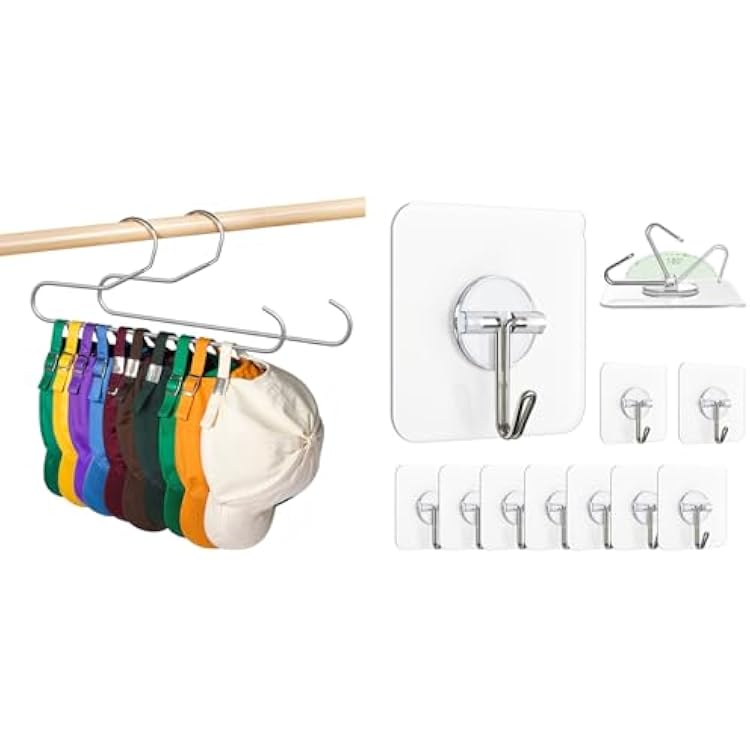Adhesive Wall Hooks for Hanging Clear Removable Ceiling Hooks 10 Pcs, Hat Storage Organizer for Baseball Caps Non Slip PVC Coating Hat Rack Hangers for Closet Grey 2 Pcs