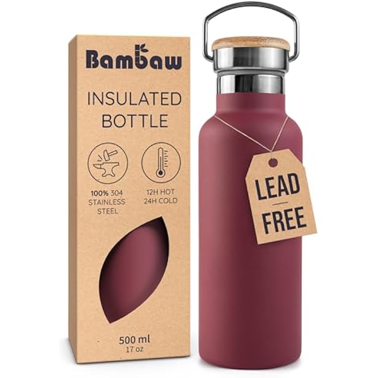 Bambaw Insulated Water Bottle 500ml, Red Water Bottle, Stainless Steel Water Bottle, Leakproof Water Bottle, Stainless Water Bottle, Water Bottle, Metal Flask, Steel Bottle Red Berry