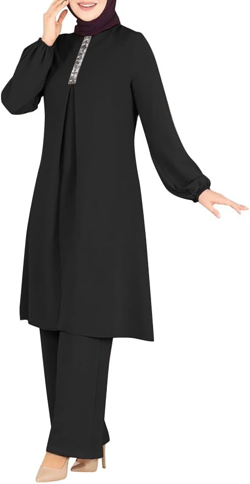 Abayas Dress For Women Muslim Long Sleeve Loose Top Pants 2 Pcs Dubai Islamic Muslim Women Matching Sets