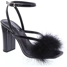TOP Moda Women's Chunky Block Heel Feather Fur Sandals