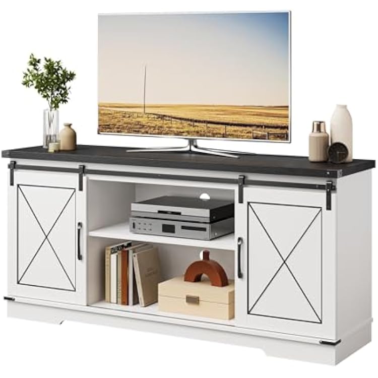 Farmhouse TV Stand for TVs Up to 65, Rustic Entertainment Center with Sliding Barn Doors, Cabinet with Barn Doors, Wood Media Console for Living Bedroom