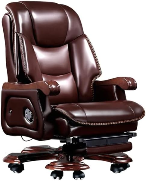 Kinnls Jones Massage Office Chair with Foot Rest, Brown Leather, Executive Style, Ergonomic Office Chair with Massage, Office Use