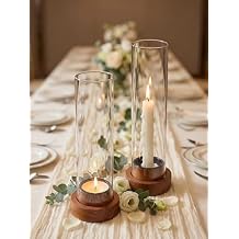 NUPTIO Dripless Taper Candle Holders with Wax Catchers for Easy Cleaning: Set of 2 Hurricane Glass Candlestick Holders with Metal Bobeches - Brown Wood Modern Wedding Table Centerpiece