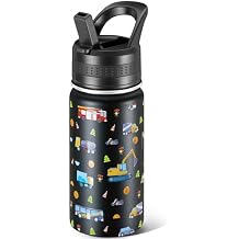 14 Oz Kids Water Bottle, Stainless Steel Water Bottle with Straws, Leak-Proof, BPA-Free, Insulated Water Bottles for School Boys & Girls|Black Car