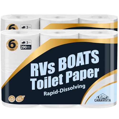 RV Camping Toilet Paper - 12 Rolls Rapid-Dissolve Marine & Trailer Septic Safe Tissue - Biodegradable 3-Ply 290 Sheets Bath Tissue for Marine, Travel, and Camper Systems