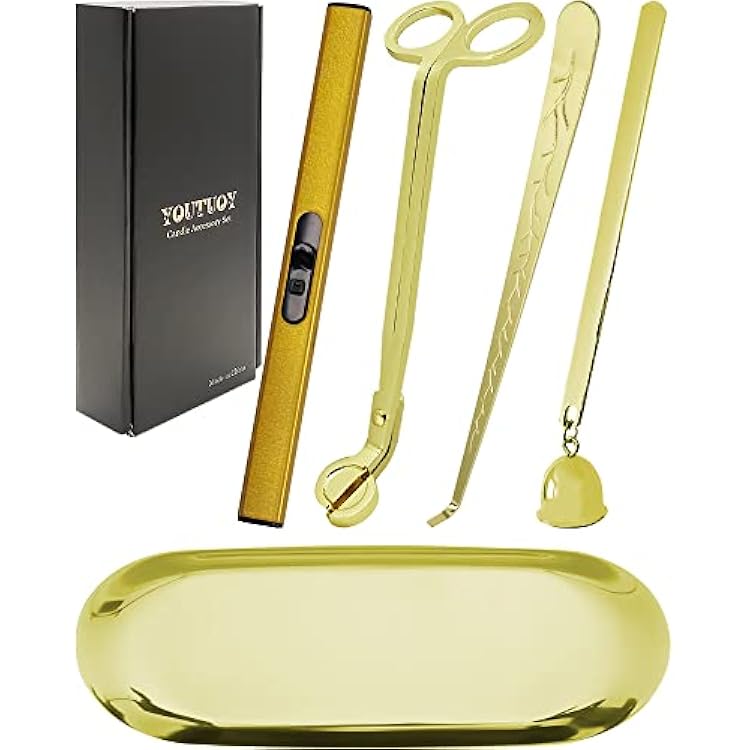 5 in1 Candle Accessory Set with Rechargeable Candle Lighter, Candle Wick Trimmer, Candle Wick Snuffer, Candle Wick Dipper, Storage Tray Plate, Candle Care Kit Gold