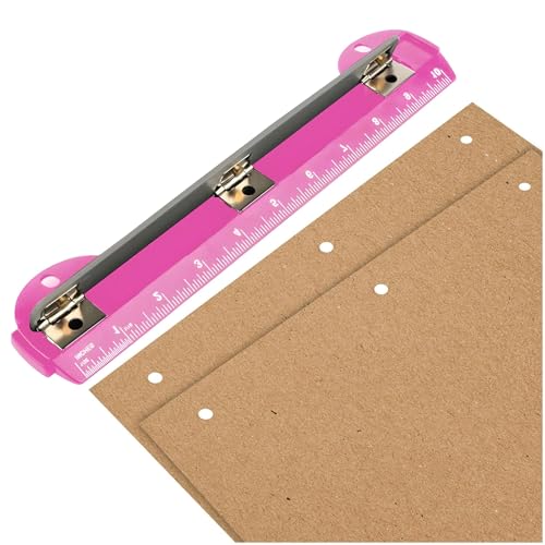 Performore 3 Hole Portable Paper Punch Pink with Built-in 10 Ruler, 5 Sheets Capacity, Letter-Size for 3-Ring Binders