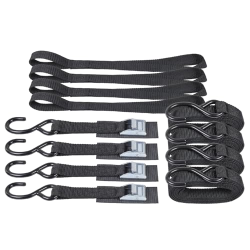 EXVITAL Tie Down Straps with Hook Cam Buckle Straps 1 x 8 1200lbs Break Strenght with Extra Soft Loops for Motorcycle, Kayak, ATVs, Dirt Bike, Truck, Car Black 4 Pack