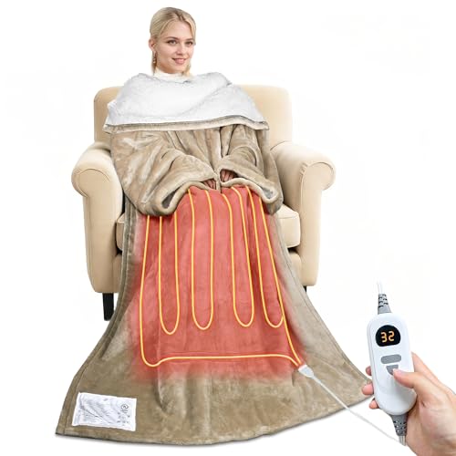 Tirrinia Heated Blanket, Wearable Electric Blanket, Sherpa Heating Blanket, Electric Throw Blanket for 5 Heating Levels, Gifts for Mom, Grandma, Men, Camel