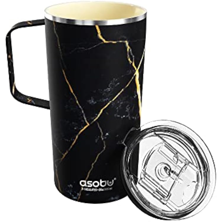asobu Tower Mug Ceramic Inner Coated Insulated Stainless Steel Cup for Pure Tasting Coffee with Easy Hold Handle and Tritan Lid Fits Standard Cup Holders 20 Ounce Travel Mug Midnight Marble
