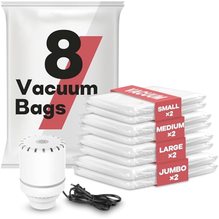 VMstr Travel Vacuum Storage Bags with Electric Pump, 8 Combo Vacuum Sealed for Clothes and Clothing, Luggage Space Saver Packing Compression