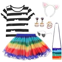 PixiePicks Girls Cat House Rainbow Costume,Striped T-Shirt and Tutu, Headband and Cat Earings for Halloween Birthday Party