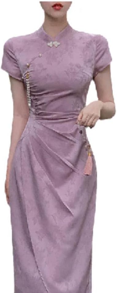 SWEPER Womens Chinese Dress - Summer Purple Chinese Style Cheongsam Jacquard Short Sleeve Long Dress Wedding Costumes for