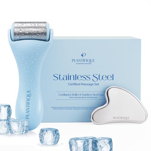 PLANTIFIQUE Stainless Steel Gua Sha and Ice Roller for Face & Body - Cooling Facial Tool Set to Reduce Puffiness, Improve Lymphatic Drainage & Soothe Skin