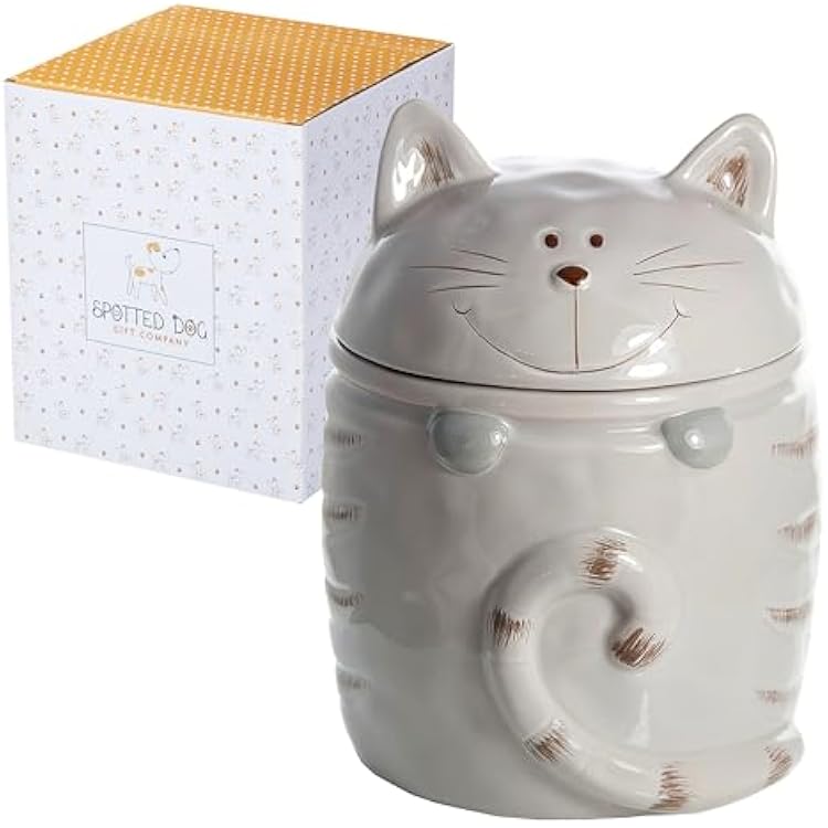 SPOTTED DOG GIFT COMPANY Ceramic Cookie Jar with Lid, Large Cat Treat Container for Cookies & Biscuits, Cute Novelty Kitchen Storage for Countertop, Gifts for Cat Lovers - 47oz Gray