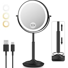 VFD 30X/1X Makeup Mirror with Lights, Height Adjustable Lighted Magnifying Vanity Mirror with 3 Lighting and Adjustable Brightness, 3000mAh Rechargeable Double Sided Switch for Desk Women Gift
