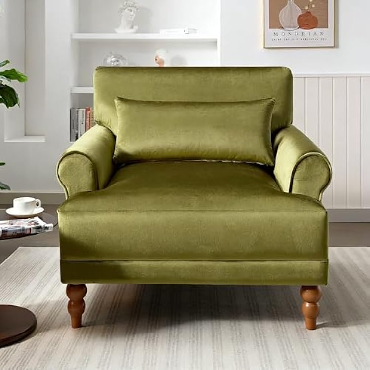 Oversized Accent Chair, Upholstered Living Room Chair, Velvet Arm Sofa Chair with Vintage Roman Column Legs, Big Lounge Reading Chair with Wide Seat for Bedroom, Guest Room, Study, Green