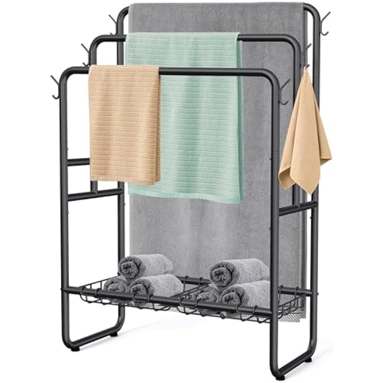 Kayfia 40 H Towel Rack Freestanding, 3-Tier Bath Towel Holder Stand with Storage Baskets & Hooks, Blanket Drying and Display Rack for Oversized Bath Towels, Metal Towel Rack Stand Indoor Outdoor