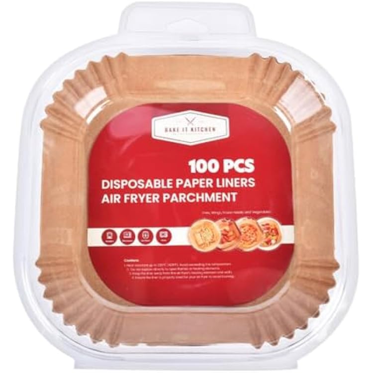 Disposable Air Fryer Paper Liners - 100 Pack, Non Stick 8 inch Square for Microwave, Free of Bleach, Family Gatherings, Parchment Paper, Oil Proof for Oven Use 100, 8 Square