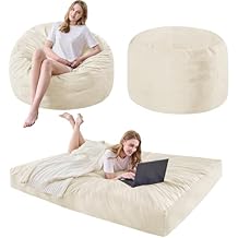 Bean Bag Chairs for Adults - Giant Bean Bag Chair Convertible Bean Bag Bed - Beanbag Chair with Micro Fiber Cover/Furniture Foam Filler - Floor Couch Sofa in Bedroom Dorm Room - Queen Beige