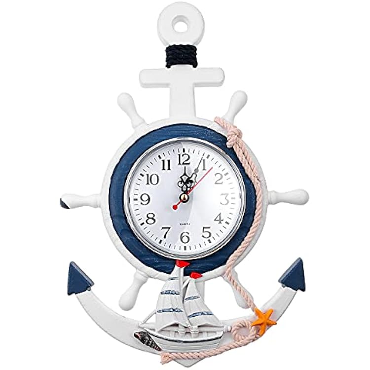 BESPORTBLE Nautical Wall Anchor Clock Beach Theme Ship Clock Coastal Wall Art Decoration Mediterranean Style Home Ornament for Indoor Outdoor Bedroom, Patio, Living Room, Garden, Bathroom