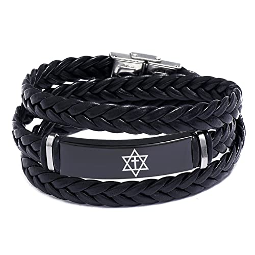 Mens Jewish Christian Symbol Jewelry - Black Wrap Leather Messianic Star of David with Cross Bracelet Bangle Man Religious Jewelry