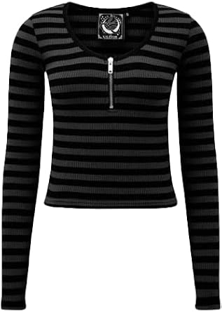 Killstar Izora Ribbed Woman's Top Grey Stripe Punk Zipper Alternative-L