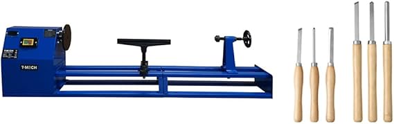 Wood Lathe & Chisel Set 400W Variable Speed Woodturning Machine, 1m Bed, 350mm Turning Diameter, Adjustable Tool Rest, Tailstock with Spindle Tip, Front End Driver Included Bundle