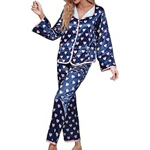 Pajama Sets for Women 2 Piece Satin Silk Set Cute Heart Graphic Sets Long Sleeve Shirt Pants Sleepwear Loungewear