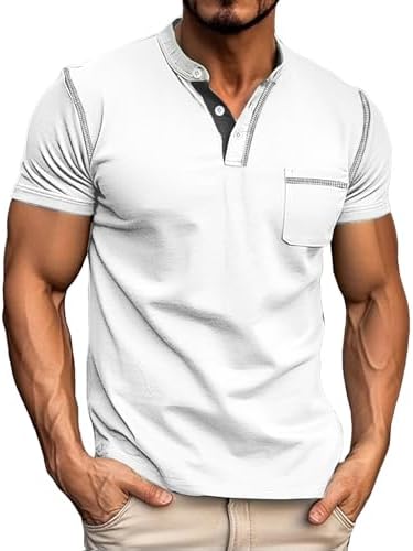 Mens Henley Shirts Short Sleeve Summer Tops, Mens Casual Classic Tees Cotton T Shirt with Front Pocket for Men