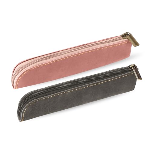 Leather Pencil Case, 2 Pcs Slim Design Small Pen Pouch, Portable Cosmetic Bag for Purse with Zipper, Flat Soft Simple Makeup Bag Lipstick Case for Women, Office, Travel, Outdoor Grey, Pink
