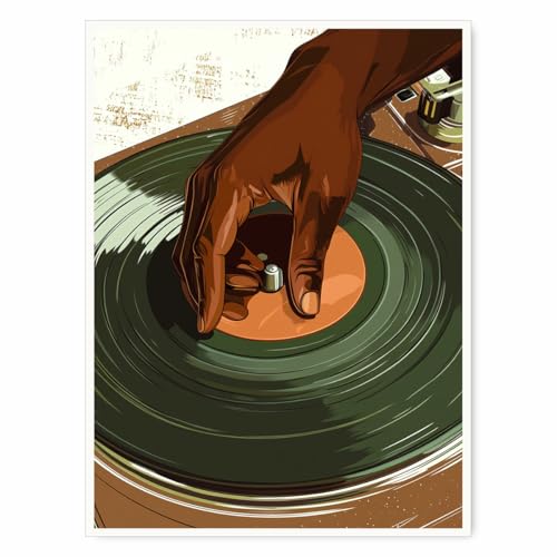 Vinyl Turntable Artwork Close-Up of Hand Manipulating Record, Earthy Green, Brown, and Black Tones, Music Culture Wall Art for Home or Studio-12x16Inch Ready to HangUnframed