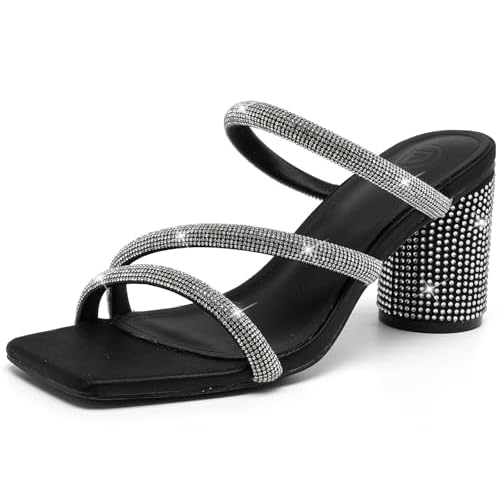DADAWEN Womens Rhinestone Heeled Sandals Square Toe Strappy Chunky Block Heels for Women Comfortable Wedding Party Dress Pumps Shoes