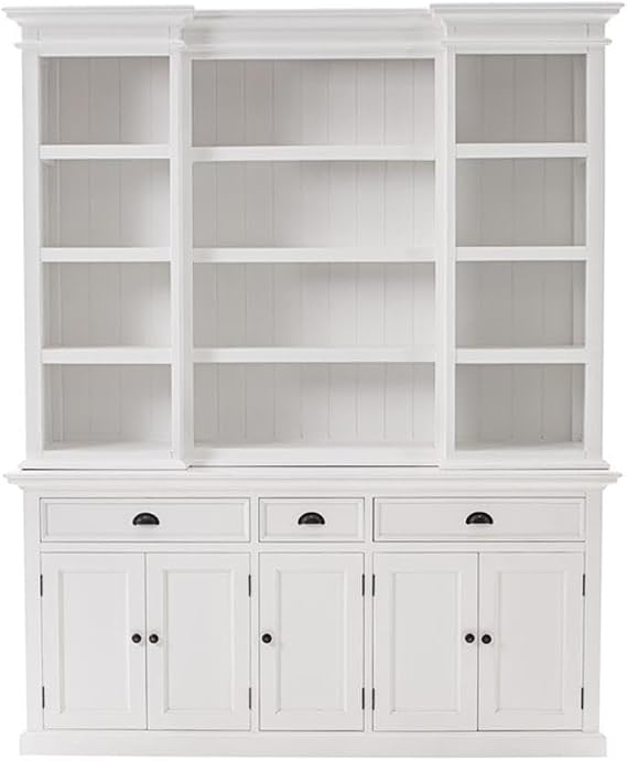 NovaSolo Furniture Halifax Mahogany Wood Kitchen Hutch Cabinet with 5 Doors 3 Drawers in White