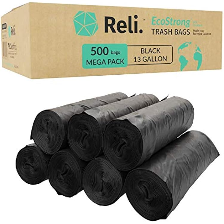 Reli. EcoStrong 13 Gallon Trash Bags | 500 Count Bulk | Black | Eco-Friendly | Made from Recycled Material