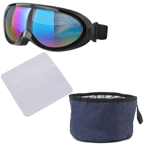 Dogs Outdoor Googles Shades Set with Eyeglass Cleaning Cloth,Pet Bowls, UVWindDustFog Protection Pet Sunglasses Eye Glasses Eyewear with Adjustable Strap for Medium Large Dog