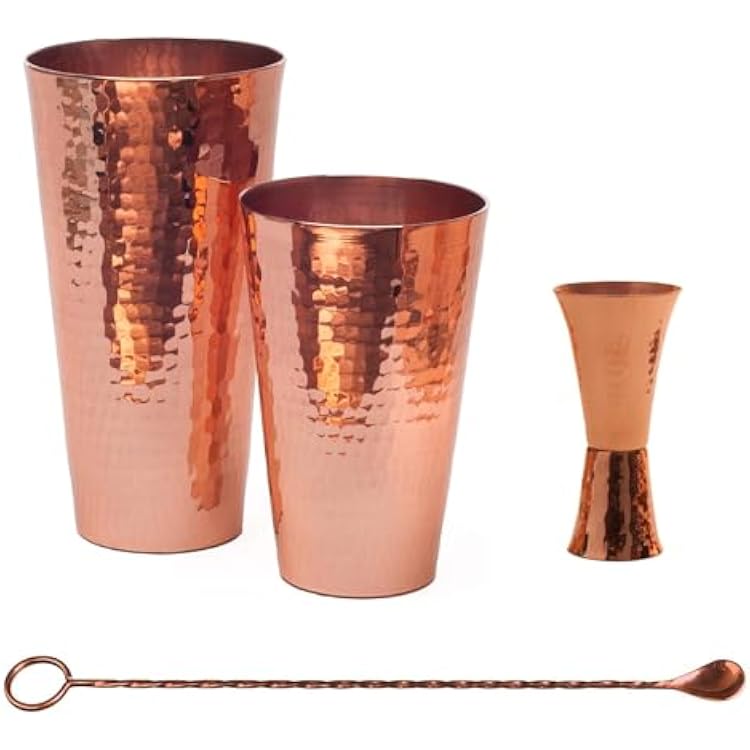 Sertodo Cocktail Essentials Bundle | 25 oz and 16 oz Boston Shaker Cups | 12 in Ringer Bar Spoon | Double-sided, Marked Measure 1 oz and 2 oz Jigger | Professional Bartender Grade | 100% Pure Copper