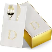 50-Pack Monogrammed Napkins With Pocket For Flatware, 16" x 16" Gold Foil Letter D Disposable Linen-Feel Napkins, Prefolded Silverware Pocket Napkins For wedding, Party Or Baby Shower