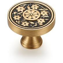 Solid Brass Cabinet Knobs 10 Pack Black and Gold Floral Drawer Pulls with Vintage Carving Brushed Brass Handles for Kitchen, Bathroom, Dresser