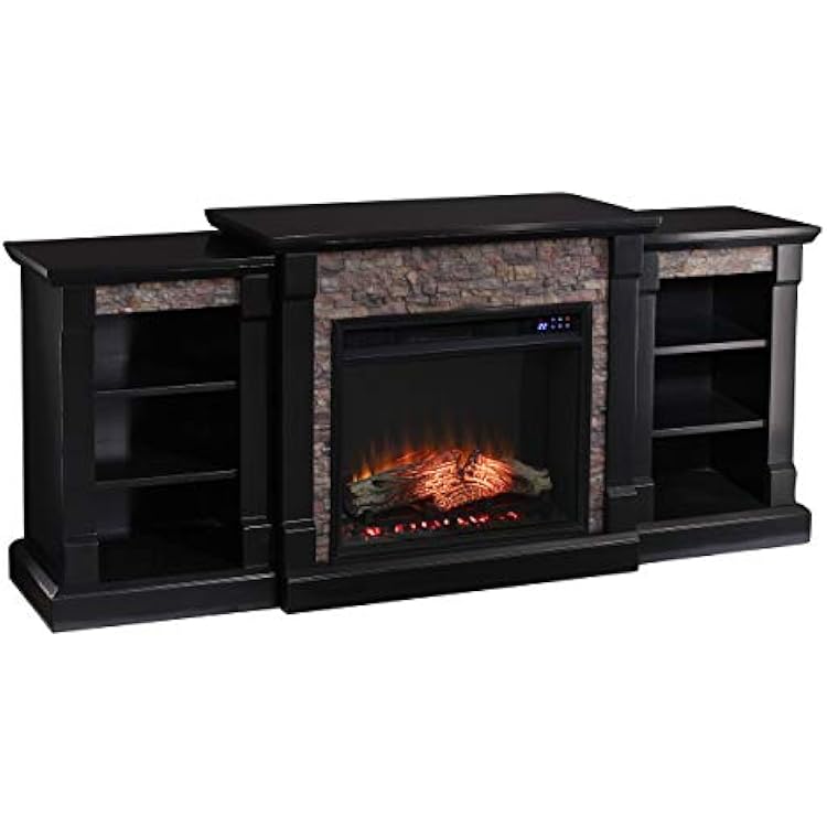 SEI Furniture Gallatin Faux Stone Electric Fireplace with Bookcases, New Satin Black