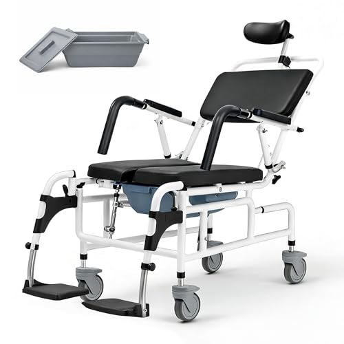 Eosprim Reclining Shower Chair with Wheels, Shower Wheelchair for Elderly and Disabled, Rolling Shower Chair with Commode, Bariatric Bathroom Wheelchair for Shower Use