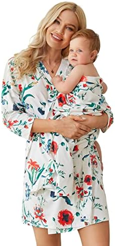 PopReal Maternity Robe and Baby Swaddle Set Receiving Blanket Womens Sleepwear Ladies Loungewear Bathrobe Kimono Robes