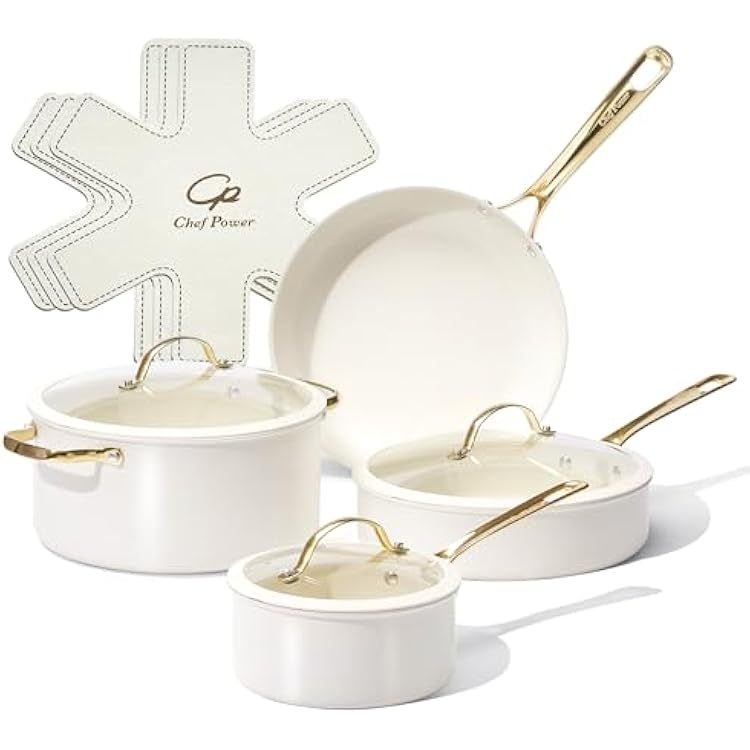 Chef Power Ceramic Cookware Sets, 10Pcs Pots and Pans Set Non Stick, Cookware Set with Stainless Steel Handle, Dishwasher & Oven Safe, Cream White and Light Gold Handle