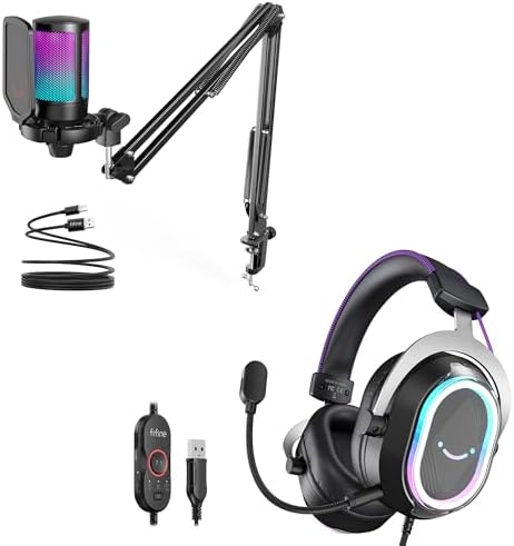 FIFINE Podcast Microphone Set with Gaming Wired Headset, Streaming Computer Mic with Boom Arm, RGB 7.1 Surround Sound Gaming Headphone with for PC, PS5,YouTube(A6T+H13BP)