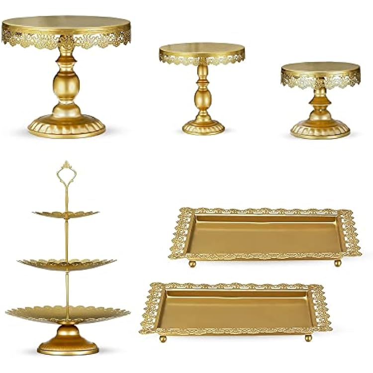 Riccle Gold Cake Stand Set - 6 Pcs Dessert Table Display Set - Premium Cake Stands for Dessert Table - Antique Dessert Table Stands and Trays Set for Christmas, Wedding, Birthday, Bridal & Baby Shower